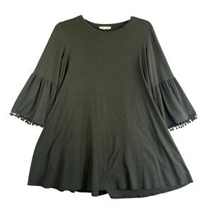 JOHNNY WAS CALME Fluted Sleeve Pom Pom Trim Swing Dress Green Size Medium